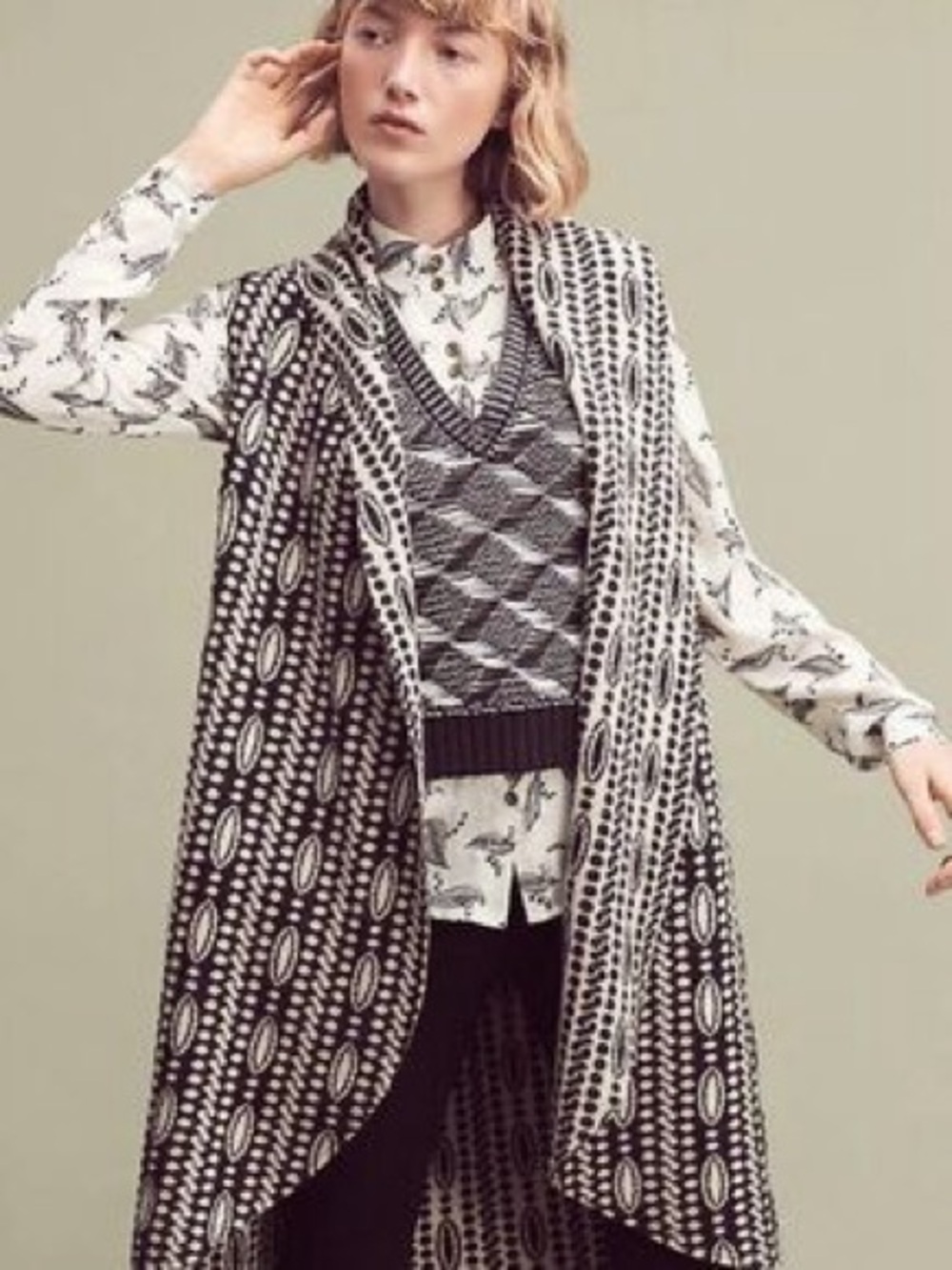 Moth Anthro Boho Longline Knit Duster Vest Black Geometric Open Front XS/Small